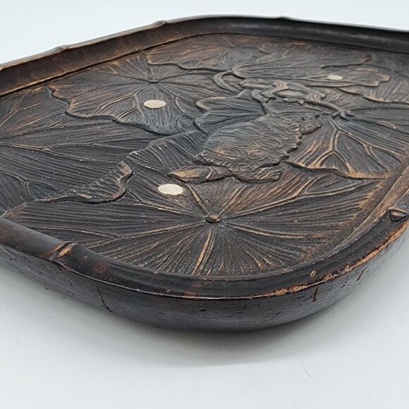 Chinese Carved Wooden Tray Lotus Leaves Frog Pulling Turtle Leg VTG Inlay - Picture 9 of 9